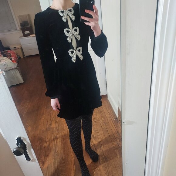 Saloni Black Camille Velvet Embellished Pearl Bow Mini Dress - Picture 1 of 10